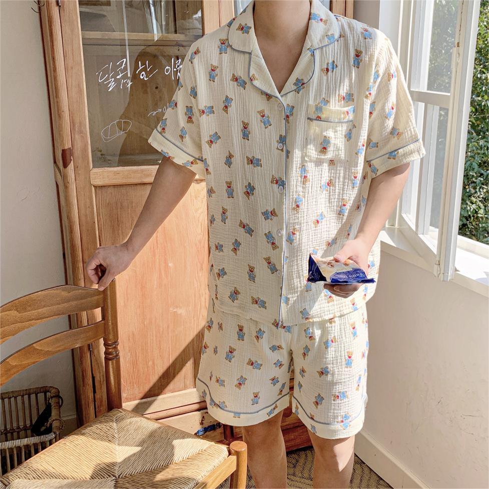 New couple pajamas women's summer cardigan loose short-sleeved shorts thin section baby cotton summer home service suit