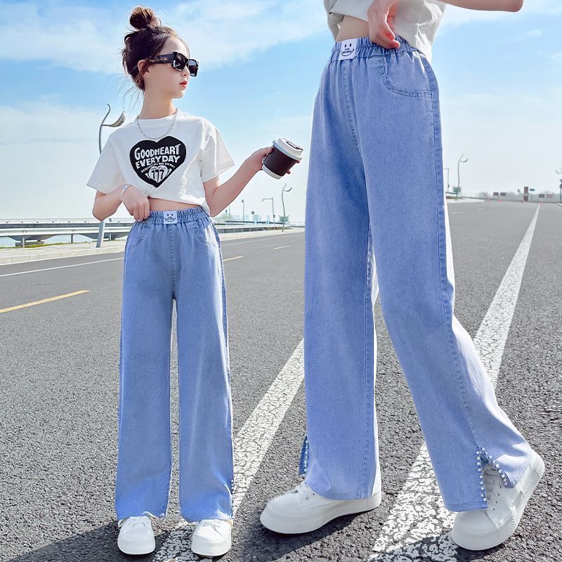 女童牛仔褲夏季薄款2023新款洋氣大童時髦天絲直筒褲子兒童闊腿褲