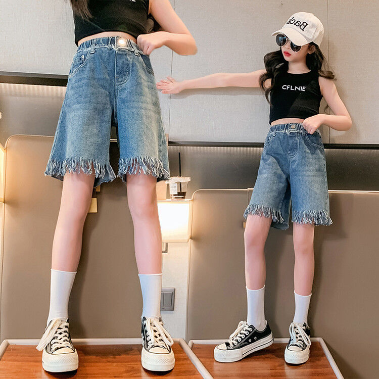 Girls' shorts, denim, summer thin section, summer foreign style, fashionable middle pants, summer clothes, big children's five-point pants, girls