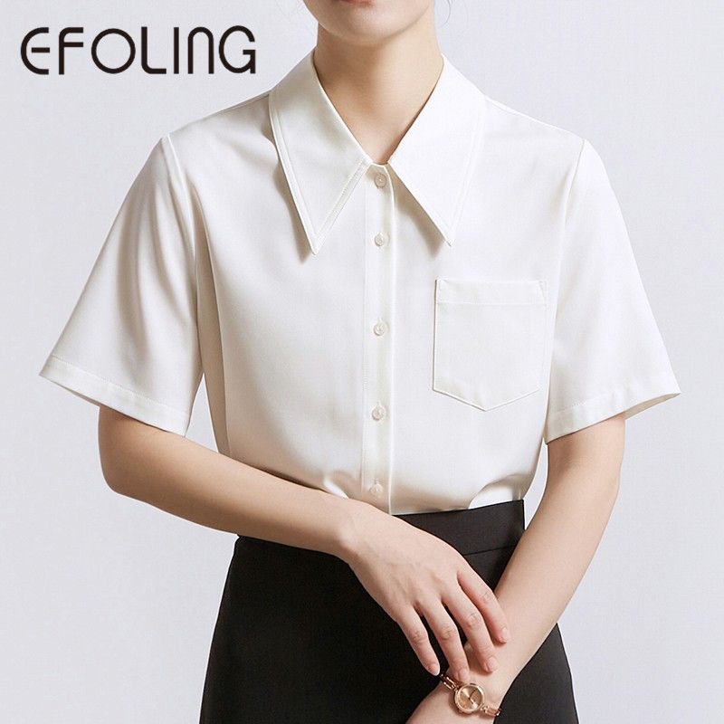 EFOLONG夏季白襯衫短袖女夏季顯瘦通勤職業尖領內搭面試百搭襯衣