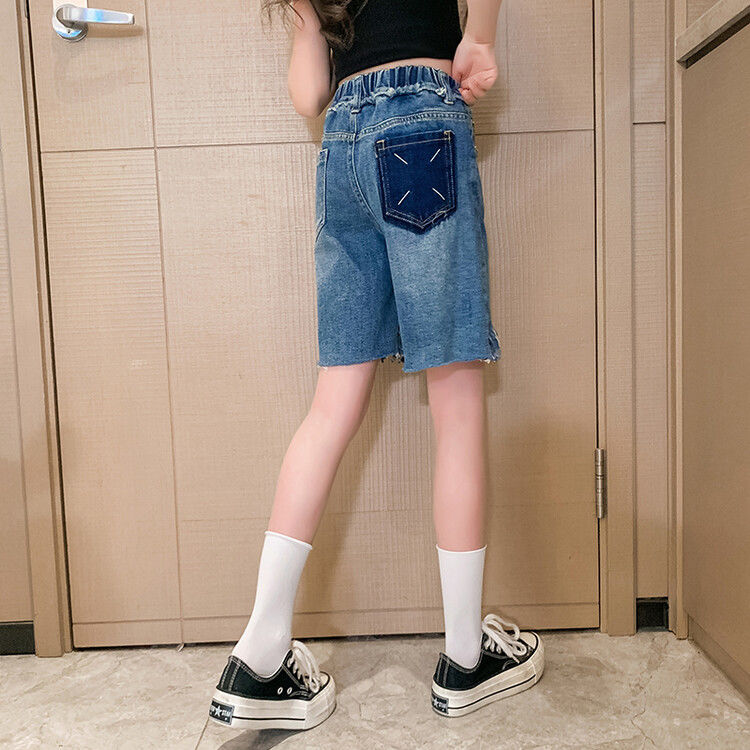 Girls' shorts, denim, summer thin section, summer foreign style, fashionable middle pants, summer clothes, big children's five-point pants, girls