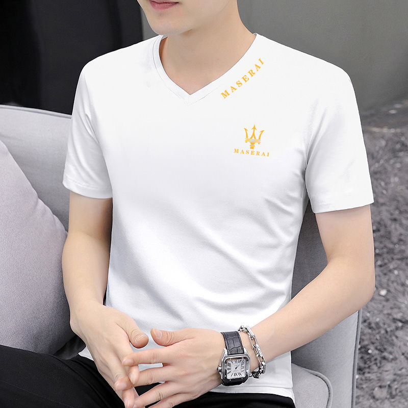 2023 new summer men's t-shirt short-sleeved v-neck top pure cotton sweetheart neck trendy men's casual t-shirt half-sleeved