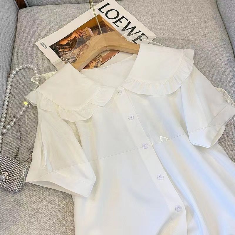 格瑞吉奥短袖白色衬衫女设计感娃娃领衬衣夏季小众百搭泡泡袖上衣