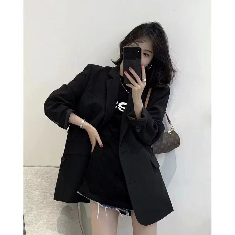 中長款西裝外套女2024春秋冬新款韓版直筒加棉厚黑色氣質西服上衣