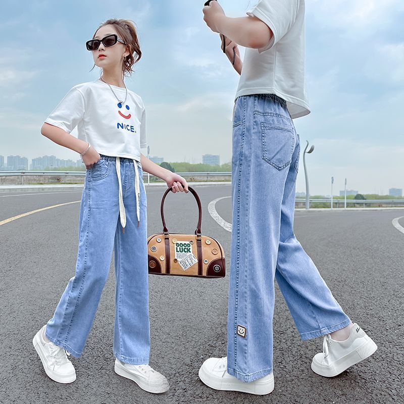 女童褲子夏季薄款2023新款學生寬鬆女孩洋氣闊腿褲兒童天絲牛仔褲