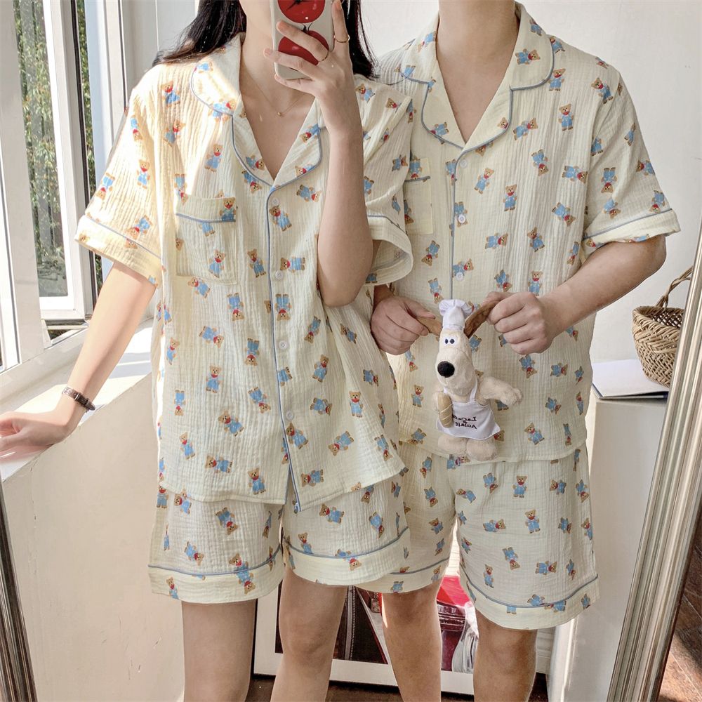 New couple pajamas women's summer cardigan loose short-sleeved shorts thin section baby cotton summer home service suit