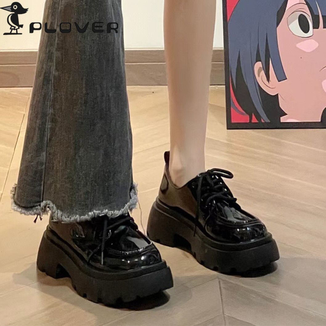 PLOVER啄木鳥小皮鞋2023春季新款厚底松糕百搭單鞋小眾亮皮小皮鞋