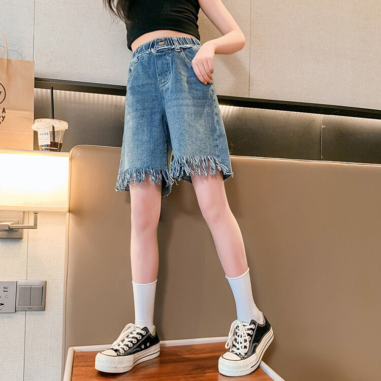 Girls' shorts, denim, summer thin section, summer foreign style, fashionable middle pants, summer clothes, big children's five-point pants, girls