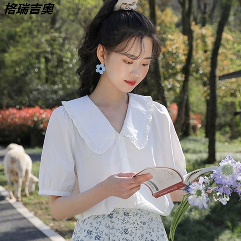 格瑞吉奧短袖白色襯衫女設計感娃娃領襯衣夏季小眾百搭泡泡袖上衣