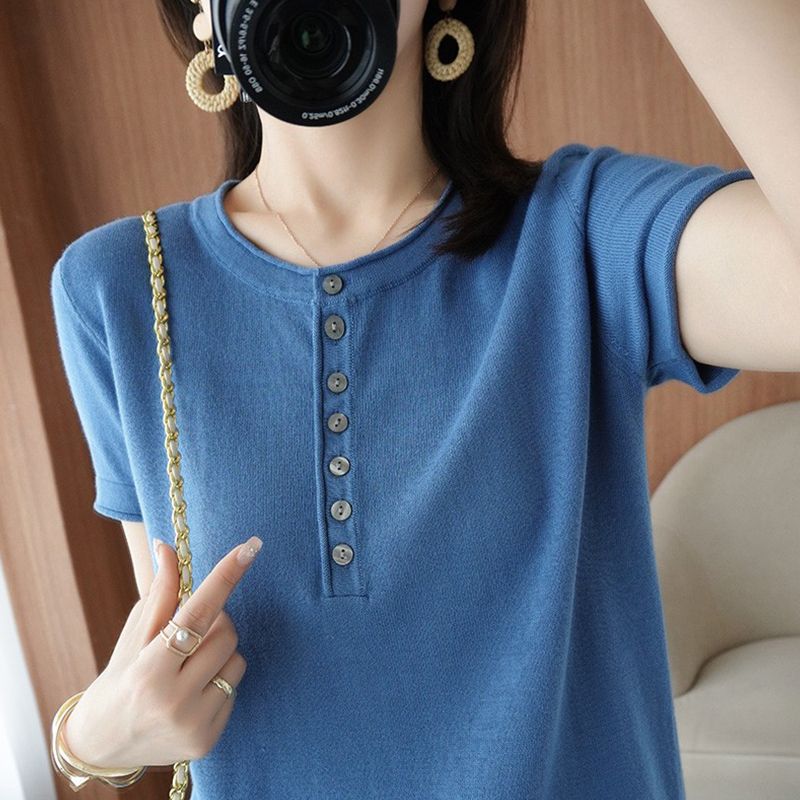 Large size fat mm cover belly is thin ice silk knitwear western style top fat sister summer new short-sleeved t-shirt female