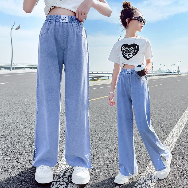 女童褲子夏季薄款2023新款天絲牛仔褲中大童防蚊褲兒童夏裝闊腿褲