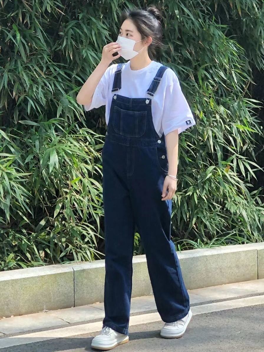 鹽系背帶褲女小個子高腰直筒寬鬆減齡2023新款連體褲牛仔闊腿褲女