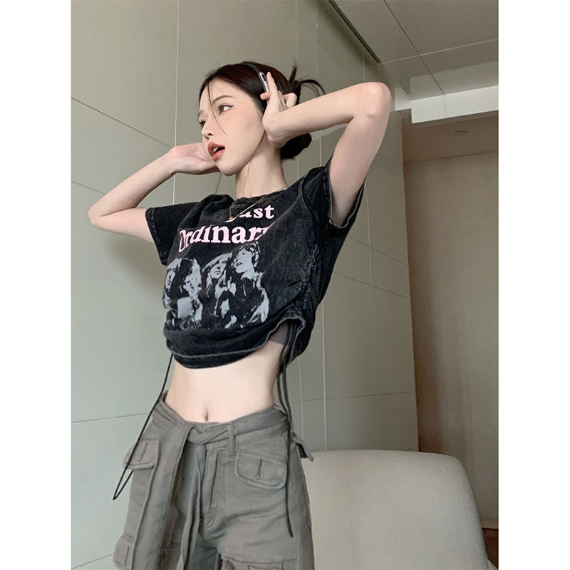 大碼胖mm夏季設計感抽繩美式短款辣妹黑色上衣X復古情侶短袖t恤女