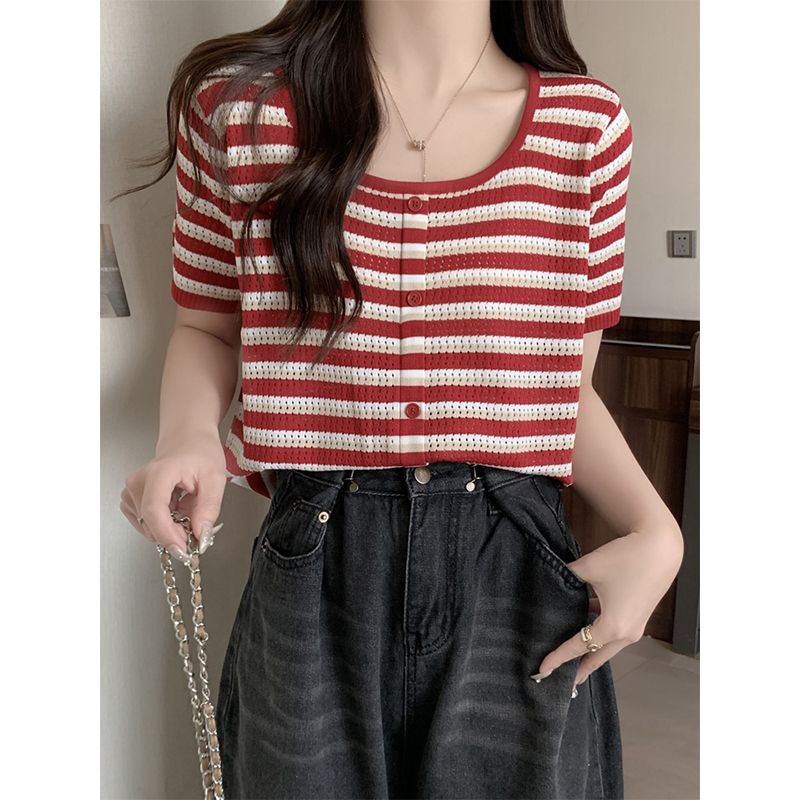 Large size fat mm ice silk striped sweater 2023 summer niche short-sleeved top loose slim shoulder T-shirt female