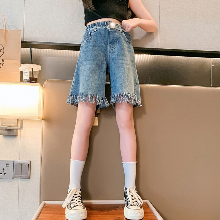 Girls' shorts, denim, summer thin section, summer foreign style, fashionable middle pants, summer clothes, big children's five-point pants, girls