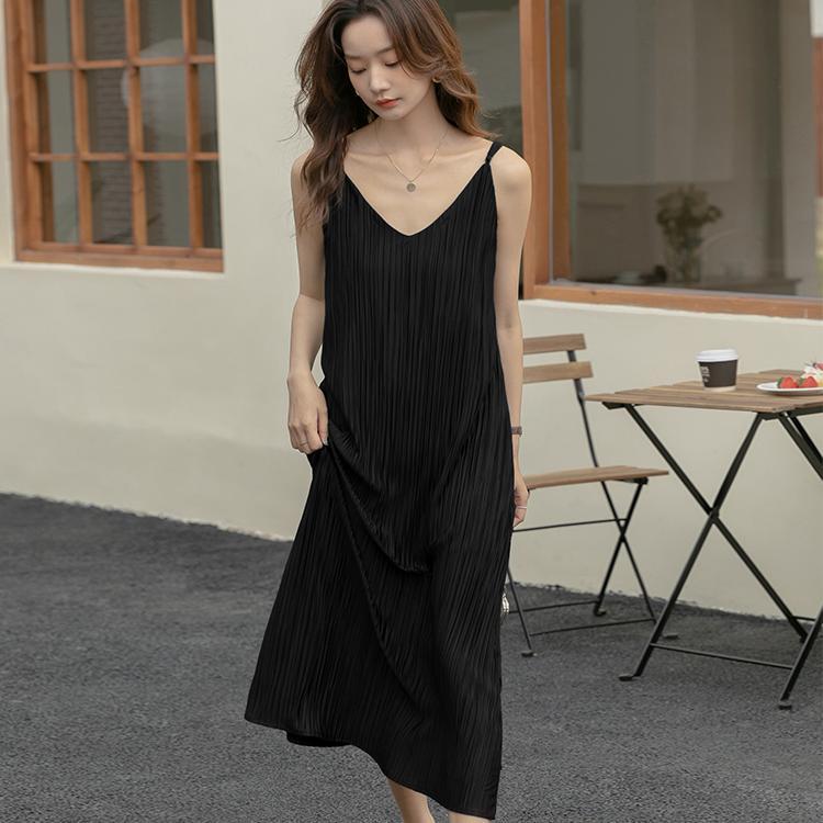 連衣裙女2023夏季新款法式仙女裙薄款夏天顯瘦純欲風褶皺吊帶裙子