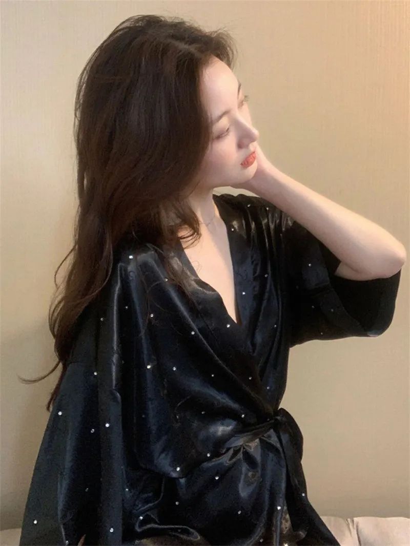 French high-end sense long-sleeved pajamas women's summer net red style 2023 new ice silk home nightgown bathrobe dressing gown
