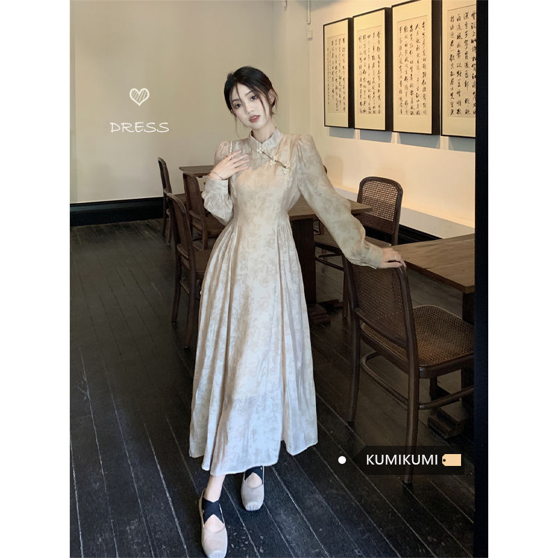 中國風氣質長袖連衣裙女2023春季新款旗袍復古收腰顯瘦中長款裙子