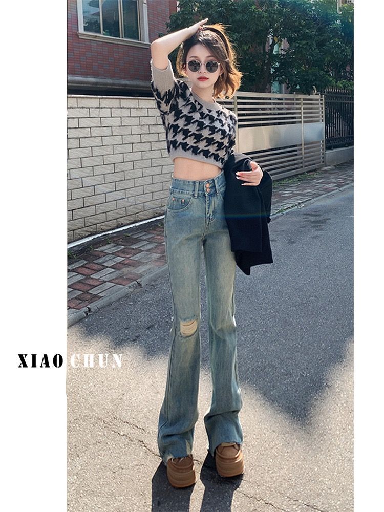 YSYOURS破洞微喇牛仔褲女夏季高腰百搭顯瘦大碼胖MM拖地喇叭褲子