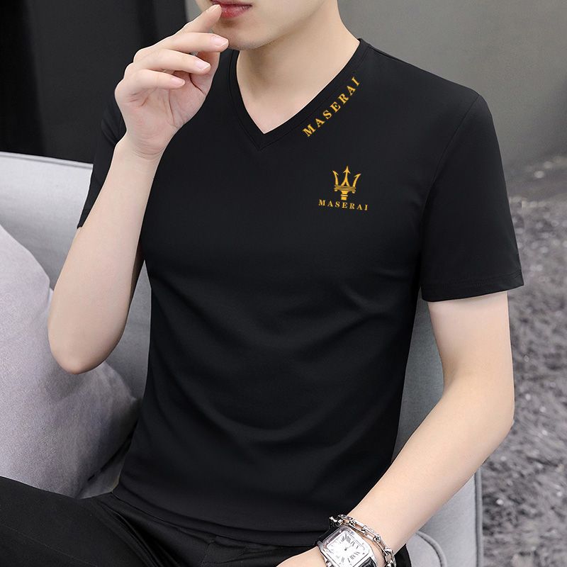 2023 new summer men's t-shirt short-sleeved v-neck top pure cotton sweetheart neck trendy men's casual t-shirt half-sleeved