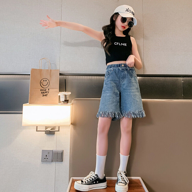 Girls' shorts, denim, summer thin section, summer foreign style, fashionable middle pants, summer clothes, big children's five-point pants, girls