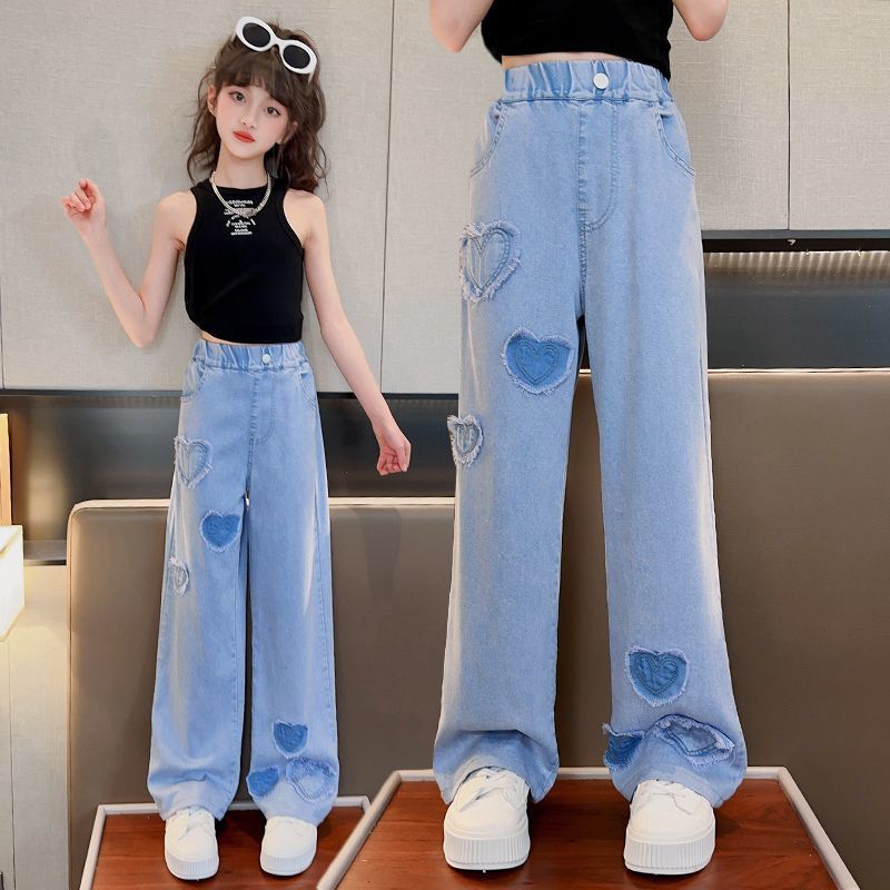 女童褲子2023新款夏裝兒童直筒天絲牛仔褲薄款女孩防蚊褲闊腿長褲