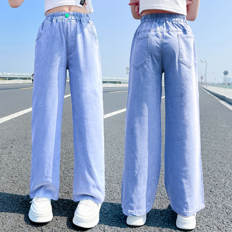 Girls' wide-leg pants, summer fashionable thin straight-leg girls' fashionable middle and large children's summer wear, Tencel denim children's pants