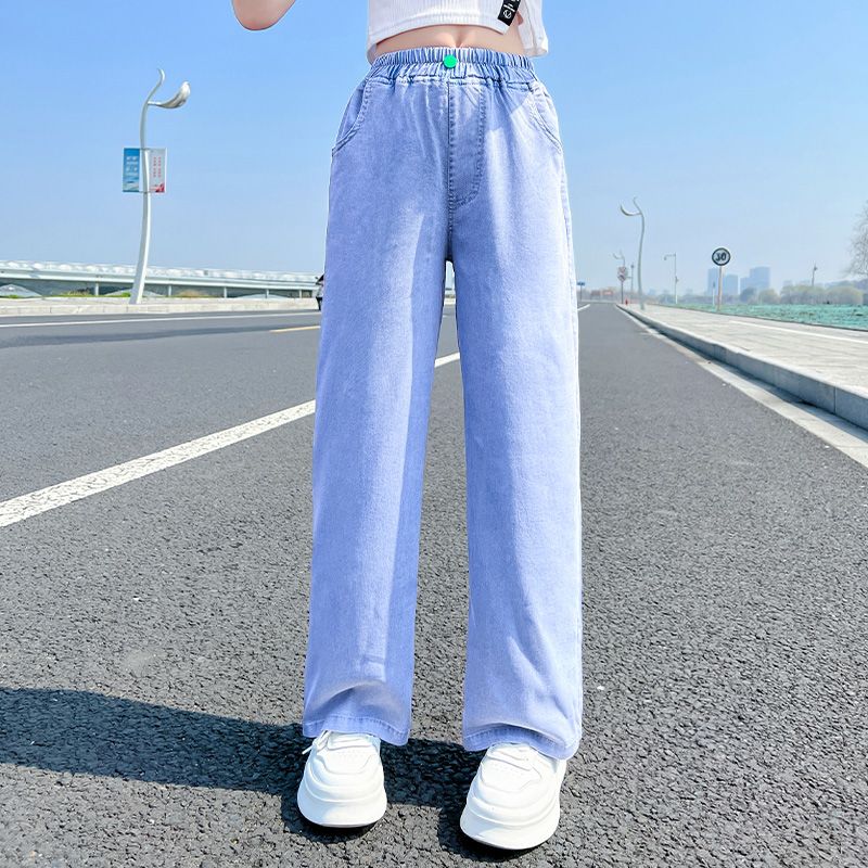 Girls' wide-leg pants, summer fashionable thin straight-leg girls' fashionable middle and large children's summer wear, Tencel denim children's pants