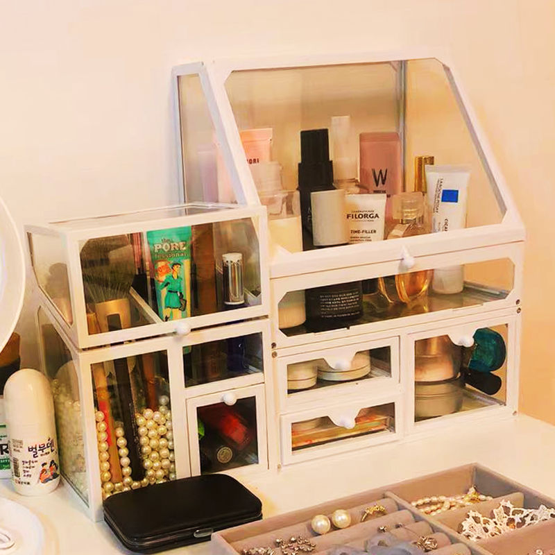 防尘大容量玻璃化妆品收纳盒桌面带抽屉透明护肤品化妆收纳置物架
