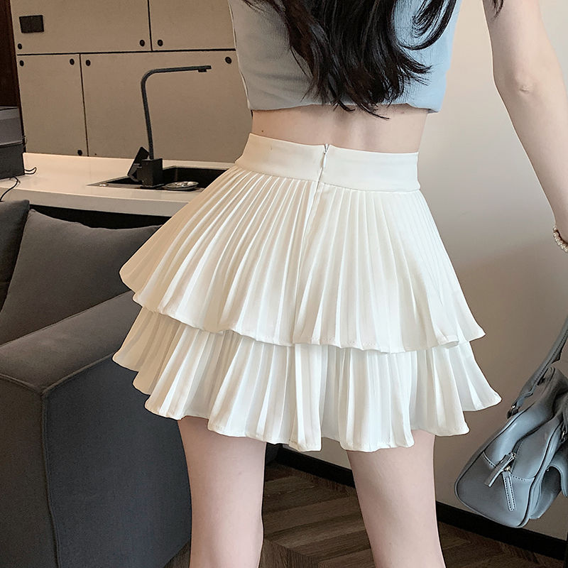 White short skirt, high waist, slim cake skirt, pants skirt, pleated skirt, women's new summer anti glare A-line half length skirt