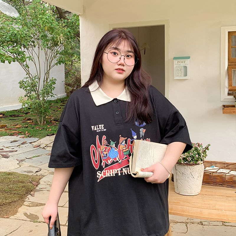 Plus fat plus size women's summer slightly fat mm2-300 catties loose and thin cover meat polo shirt printed short-sleeved t-shirt for women