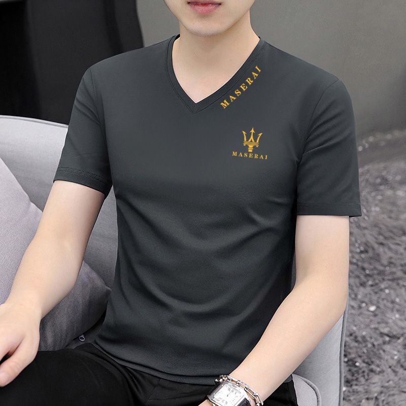 2023 new summer men's t-shirt short-sleeved v-neck top pure cotton sweetheart neck trendy men's casual t-shirt half-sleeved