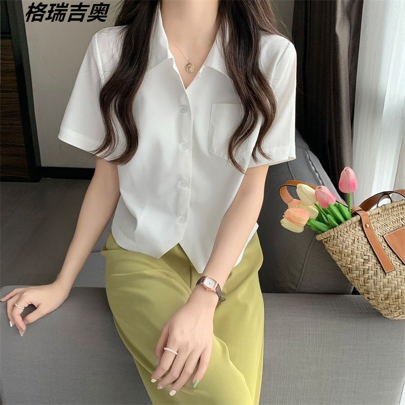 格瑞吉奧短袖襯衫女夏學院風百搭基礎白襯衣小個子寬鬆純色上衣潮