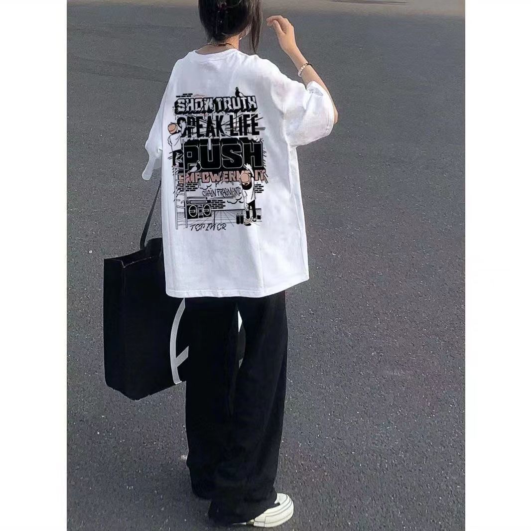 100%純棉2023超火夏季裝新款國潮印花短袖T恤潮牌寬鬆情侶上衣