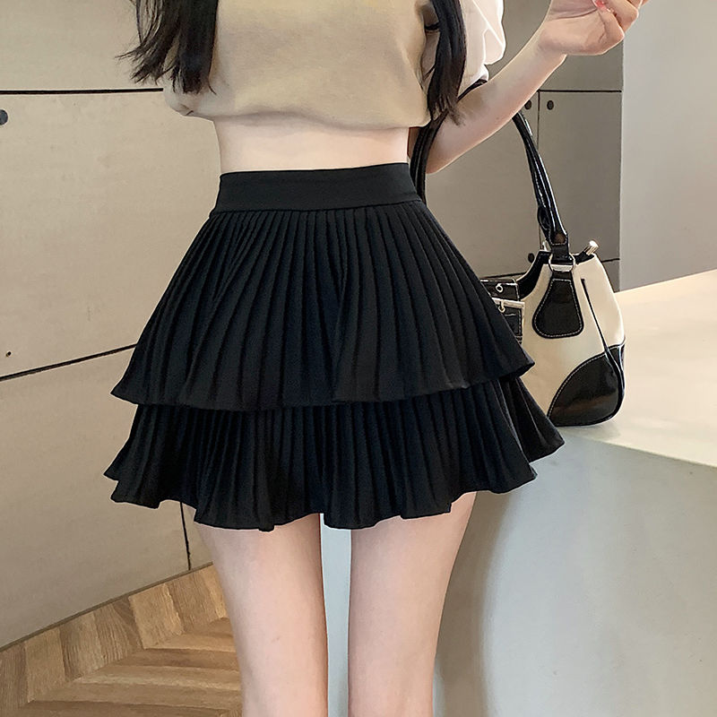 White short skirt, high waist, slim cake skirt, pants skirt, pleated skirt, women's new summer anti glare A-line half length skirt