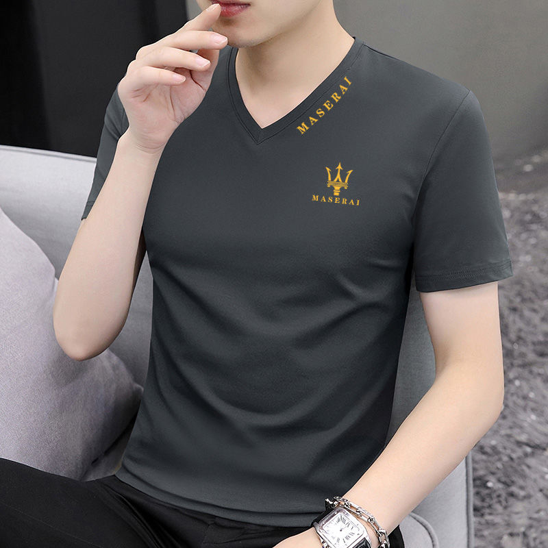 2023 new summer men's t-shirt short-sleeved v-neck top pure cotton sweetheart neck trendy men's casual t-shirt half-sleeved