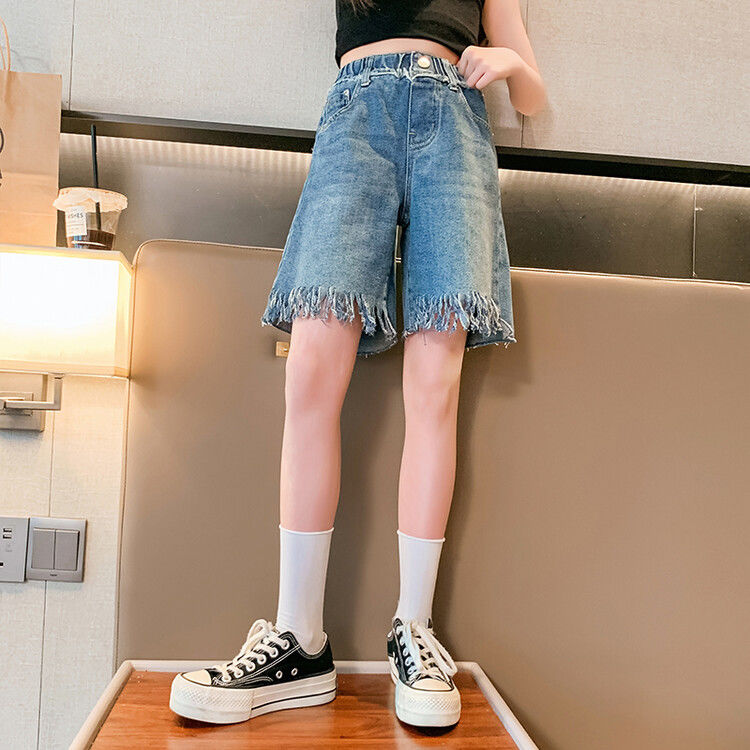 Girls' shorts, denim, summer thin section, summer foreign style, fashionable middle pants, summer clothes, big children's five-point pants, girls