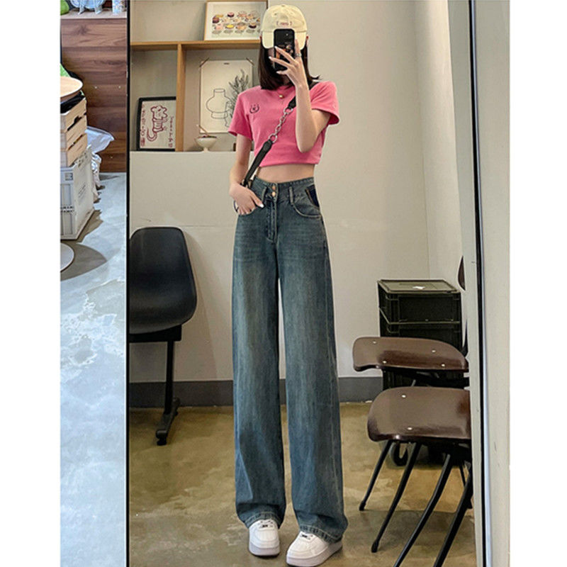 Retro narrow version of wide-leg jeans women's 2023 new color contrast high-waist design loose straight-leg pants summer