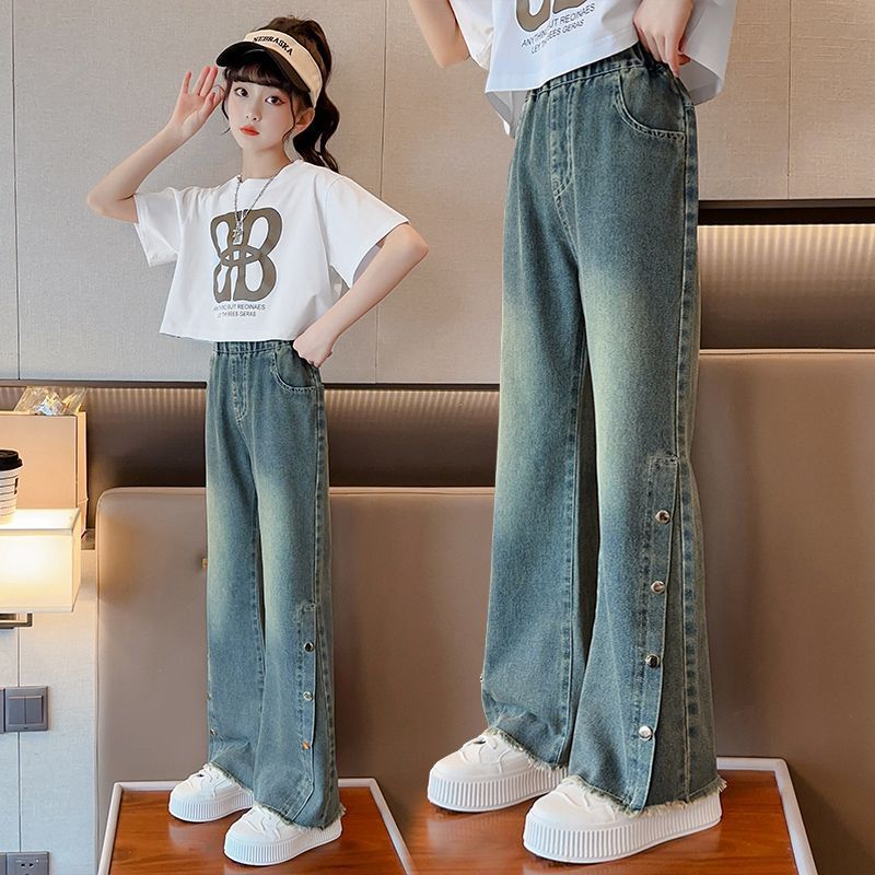 女童牛仔褲夏季薄款2023新款洋氣大童時尚百搭褲子兒童夏裝闊腿褲