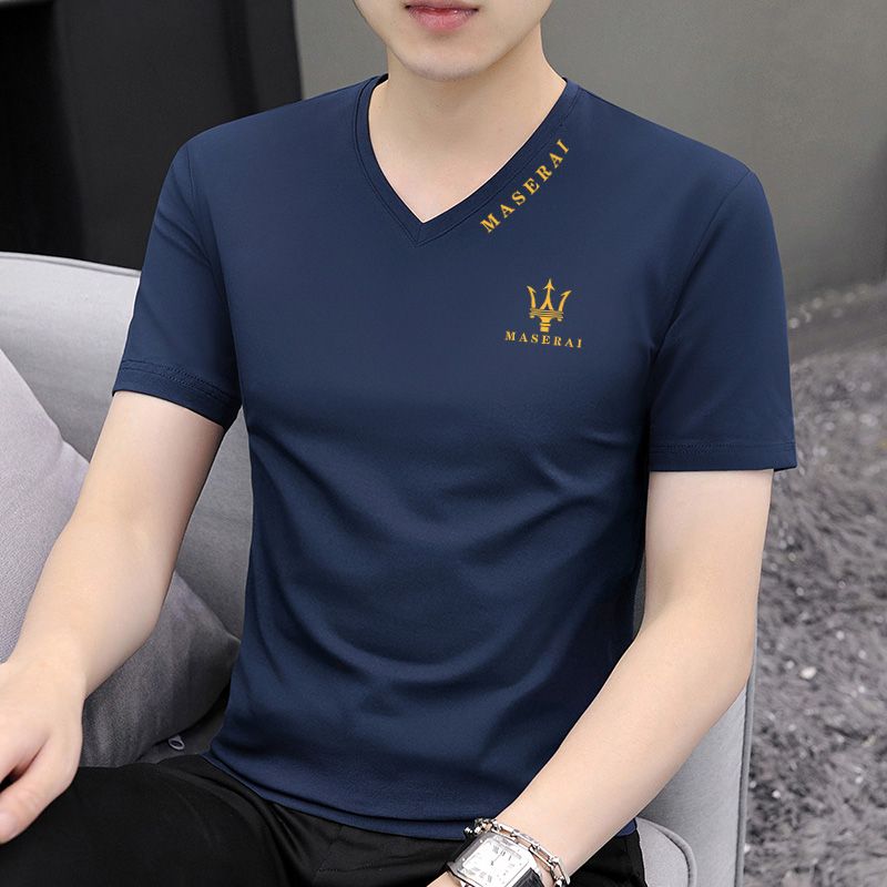 2023 new summer men's t-shirt short-sleeved v-neck top pure cotton sweetheart neck trendy men's casual t-shirt half-sleeved