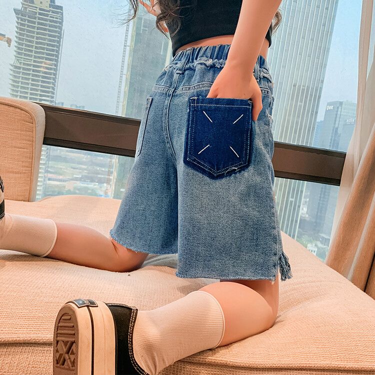 Girls' shorts, denim, summer thin section, summer foreign style, fashionable middle pants, summer clothes, big children's five-point pants, girls