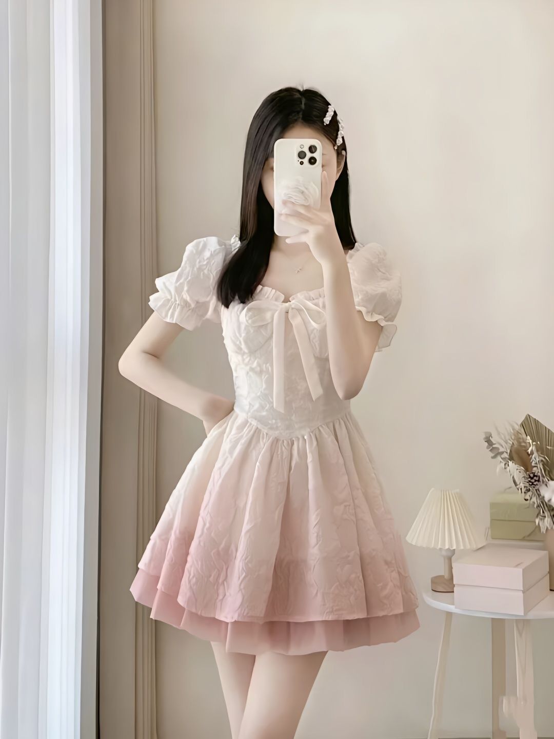 甜美少女漸變粉公主連衣裙夏季新款收腰顯瘦蓬蓬短裙