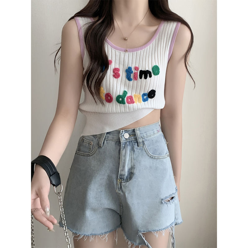 Large size fat mm short hot girl top sleeveless summer new embroidery bottoming knitted small camisole female inner wear