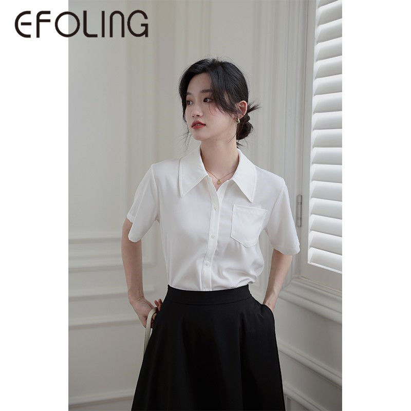 EFOLONG高級感法式職業尖領白襯衫女夏季短袖薄款設計感小眾襯衣