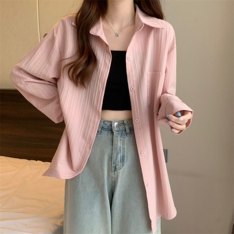 Long-sleeved shirt for women, spring and autumn new style, Korean version, lazy style, loose slimming cardigan top, mid-length outer wear thin coat