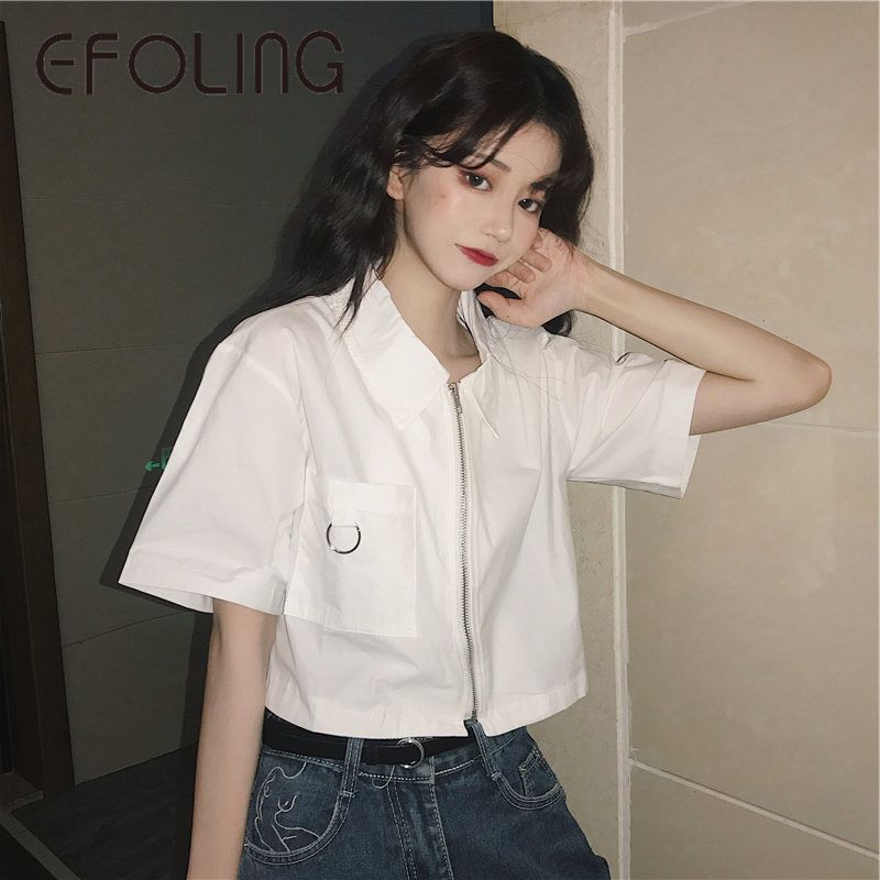 EFOLONG夏季百搭襯衣女ins工裝短款拉鏈襯衫設計感小個子短袖上衣