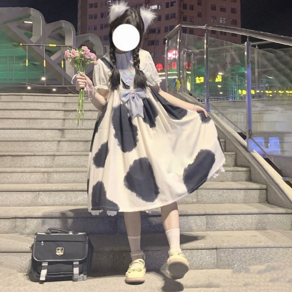 兩件套裝日系可愛軟妹洛麗塔奶牛背帶連衣裙女學生+娃娃領襯衫潮