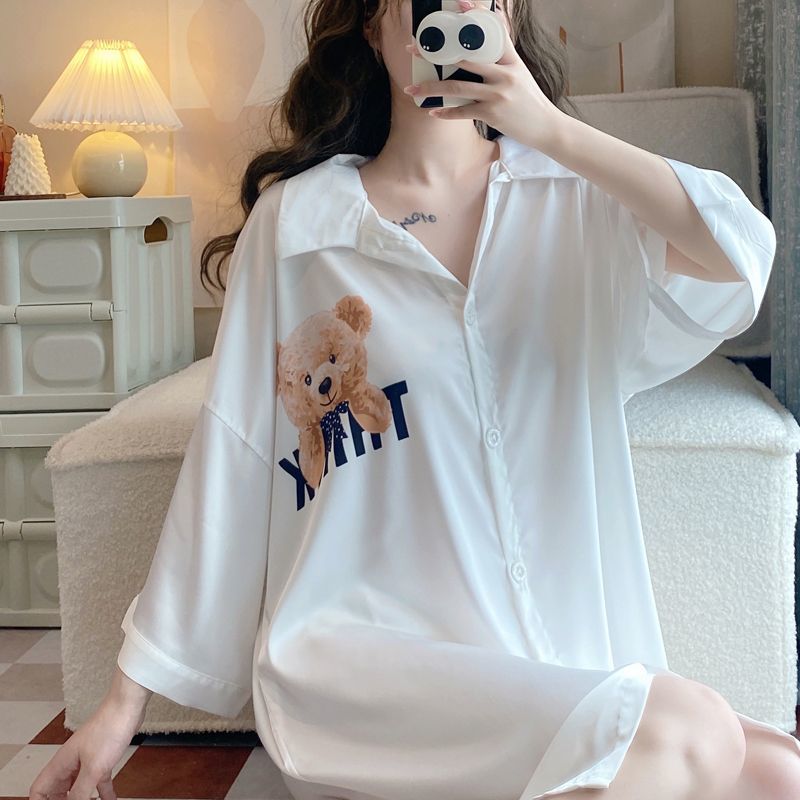2023 new shirt nightdress women's summer ice silk pajamas cartoon loose sexy white summer home service