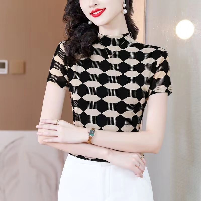 半高領短款t恤女2023夏新款遮肉顯瘦彈力修身減齡印花網紗上衣女