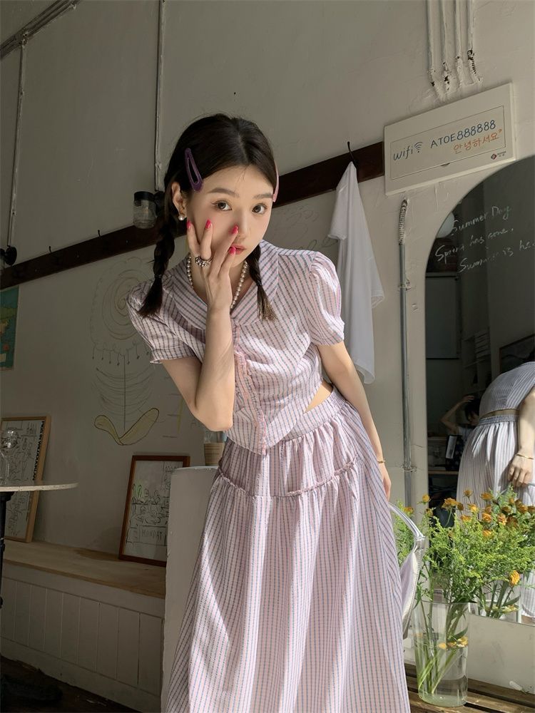 格紋短袖襯衫上衣+高腰顯瘦長款半身裙溫柔氣質套裝女夏季新款